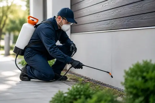 Técnico equipado aplicando tratamento direcionado na área externa de um imóvel